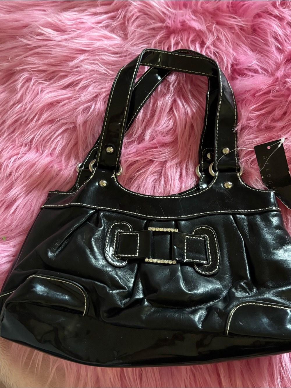 NWT Attention Y2K Black Patent Bow Shoulder Bag
